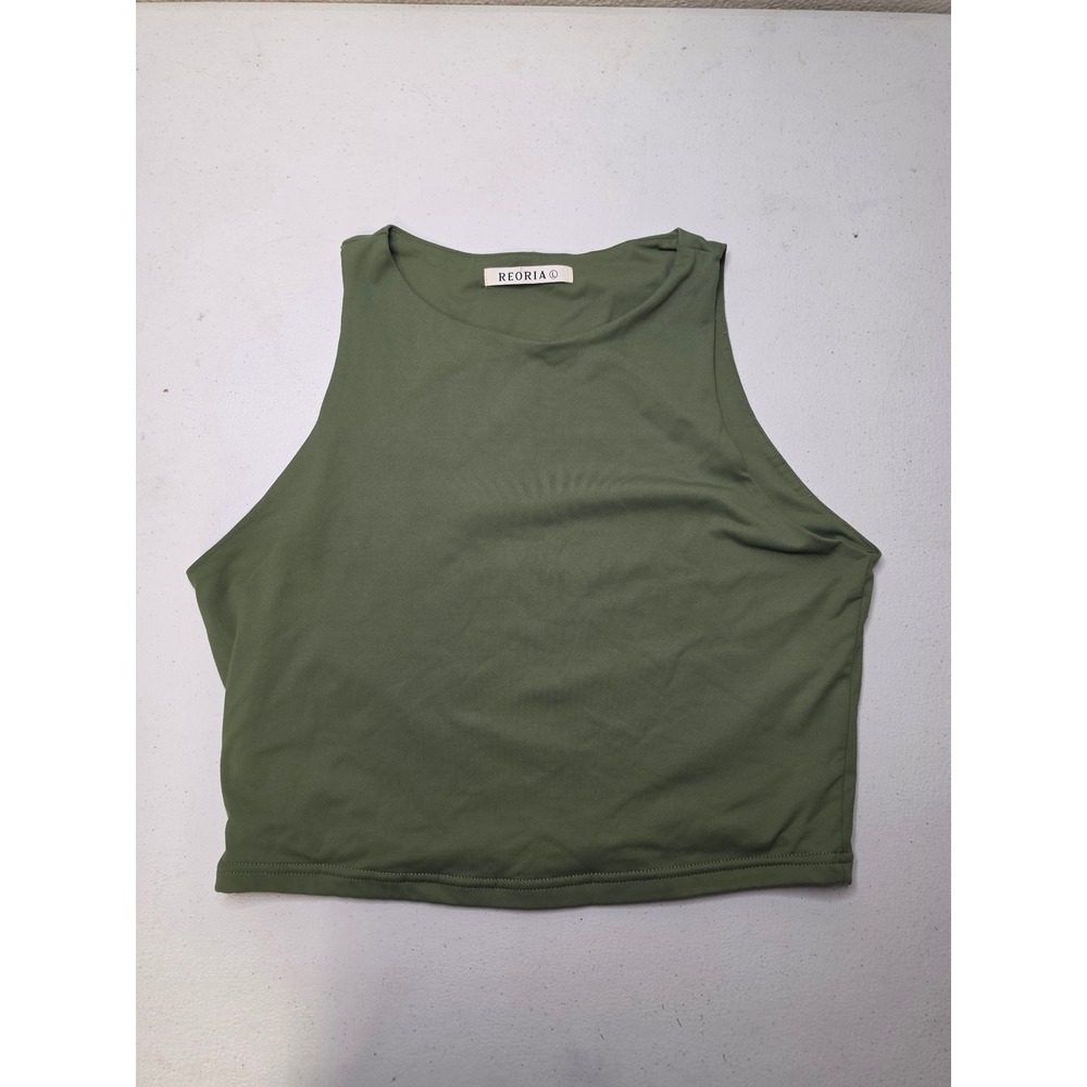 REORIA Womens Olive Green High Neck Sleeveless Crop Top Tank Size L